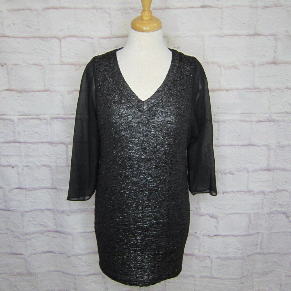 BCBG Generation Cocktail Dress XXS Draped Back V-Neck Sheer Sleeves Gunmetal